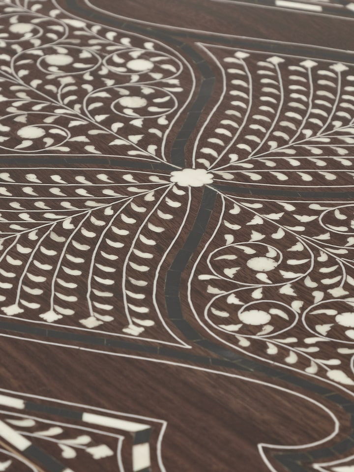 Top view of the Sheesham wood bone inlay trunk, showcasing the intricate inlay patterns and overall design