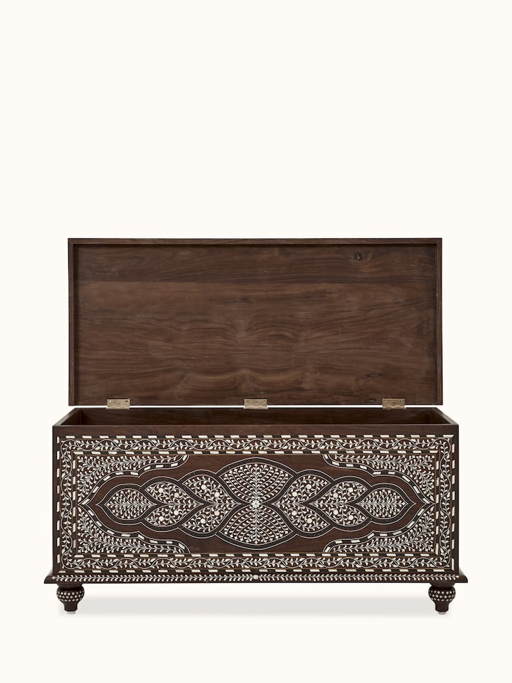 Angled view of the Sheesham wood trunk with the lid open, highlighting the interior space and design