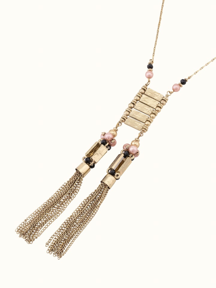 Angled view of Handcrafted Long Necklace showcasing the overall design and detailed work.