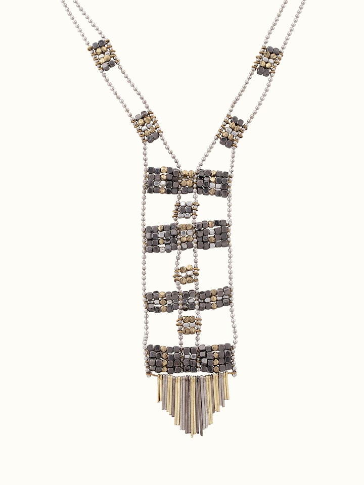 Front view of Handcrafted long necklace highlighting unique design and detailed craftsmanship