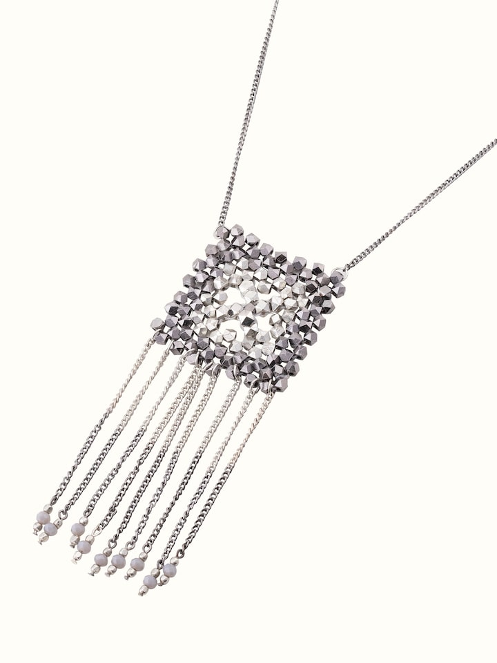 Angled view of Handcrafted long necklace showcasing its sophisticated design and detailed work