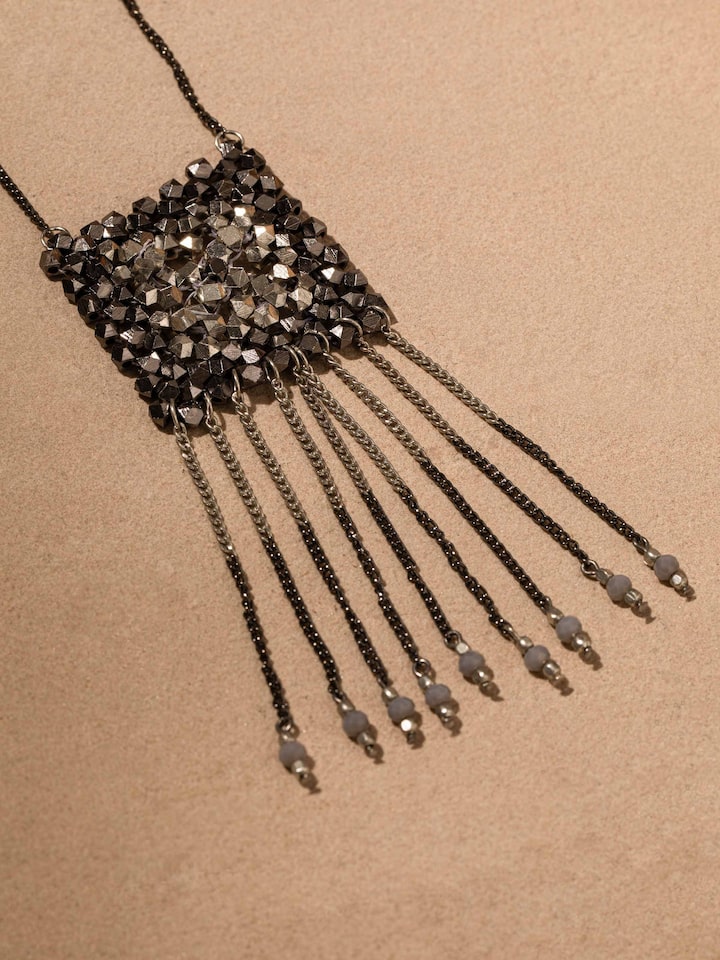 Detailed front view of Handcrafted long necklace highlighting its unique design and high-quality finish