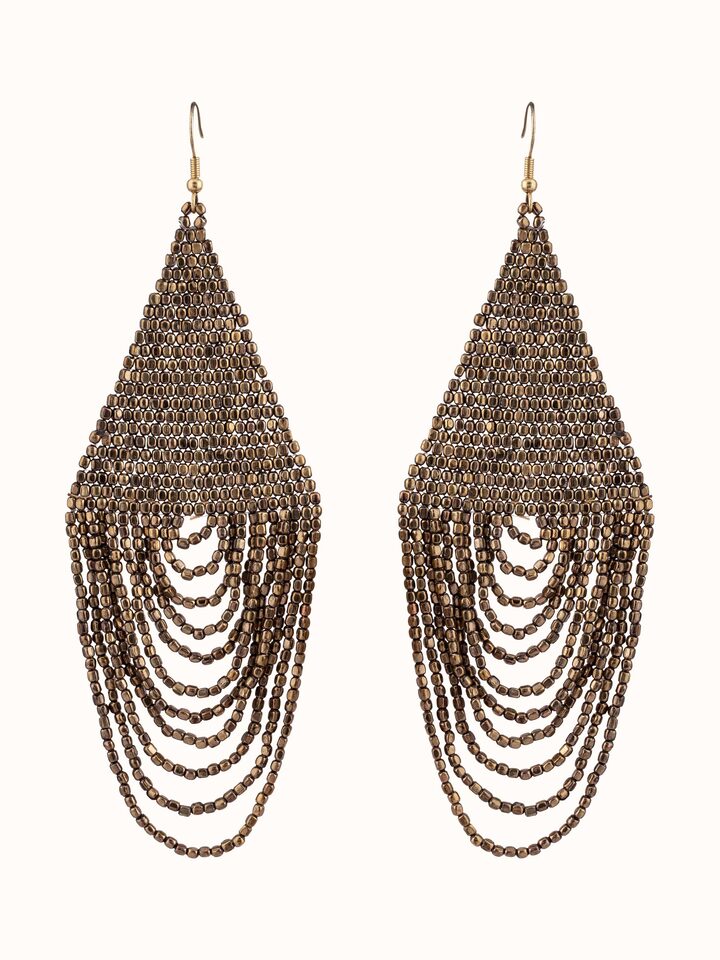 Front view of handcrafted drop earrings showcasing unique design and craftsmanship.