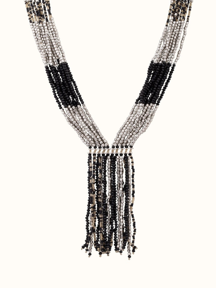 Front view of Handcrafted long necklace featuring detailed artisanal design and craftsmanship
