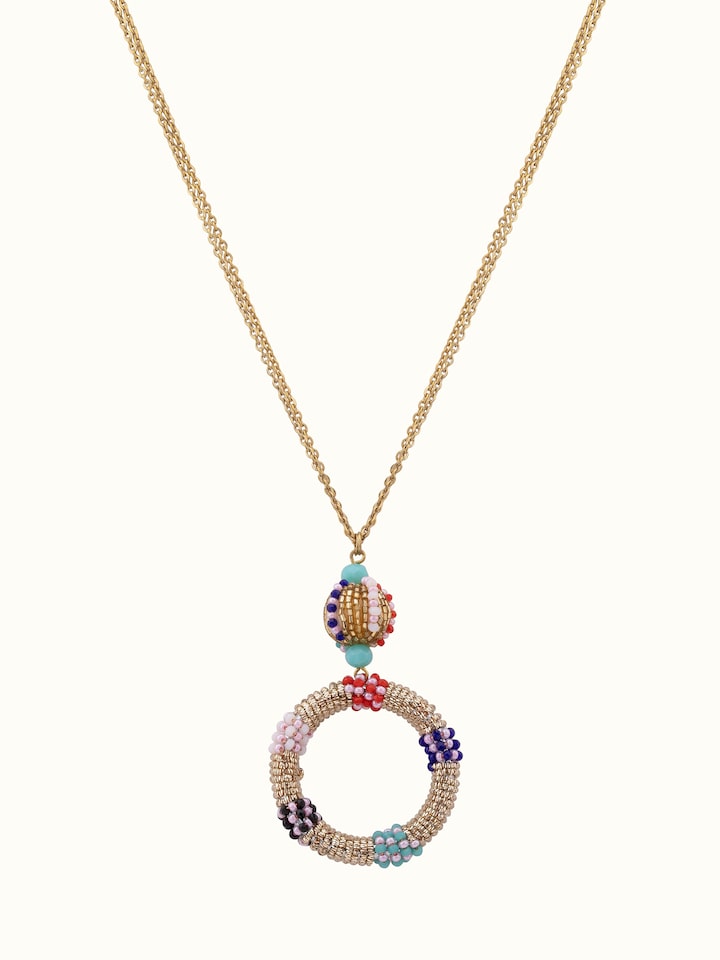 Front view of handcrafted long necklace showcasing intricate beadwork and elegant design