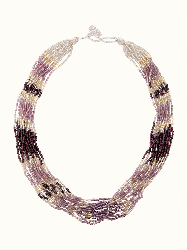 Front view of handcrafted long necklace highlighting its elegant length and intricate design.