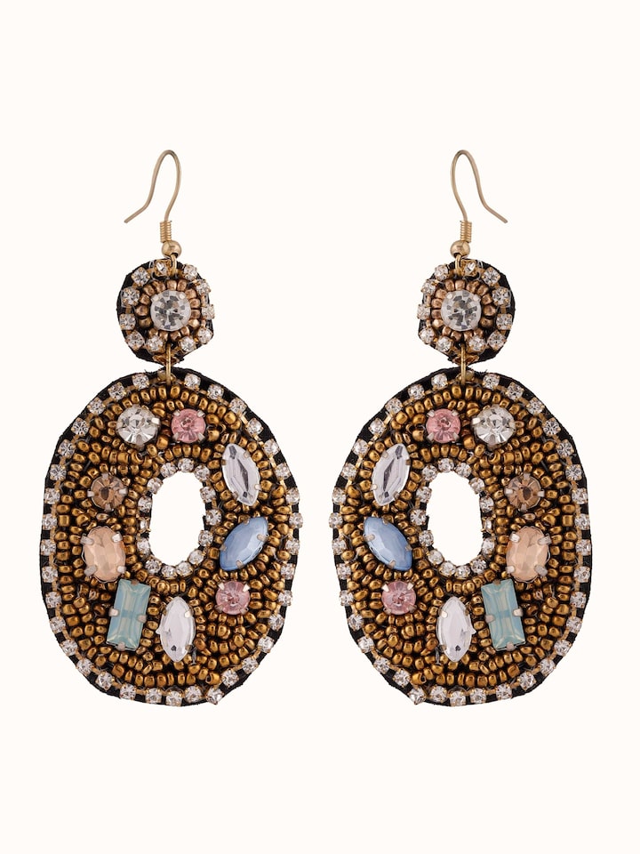 Front view of handcrafted drop earrings featuring detailed design and vibrant colors