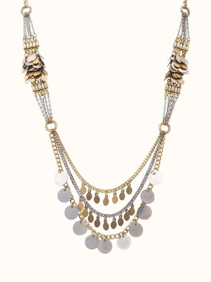 Front view of handcrafted long necklace featuring detailed design and intricate metalwork.