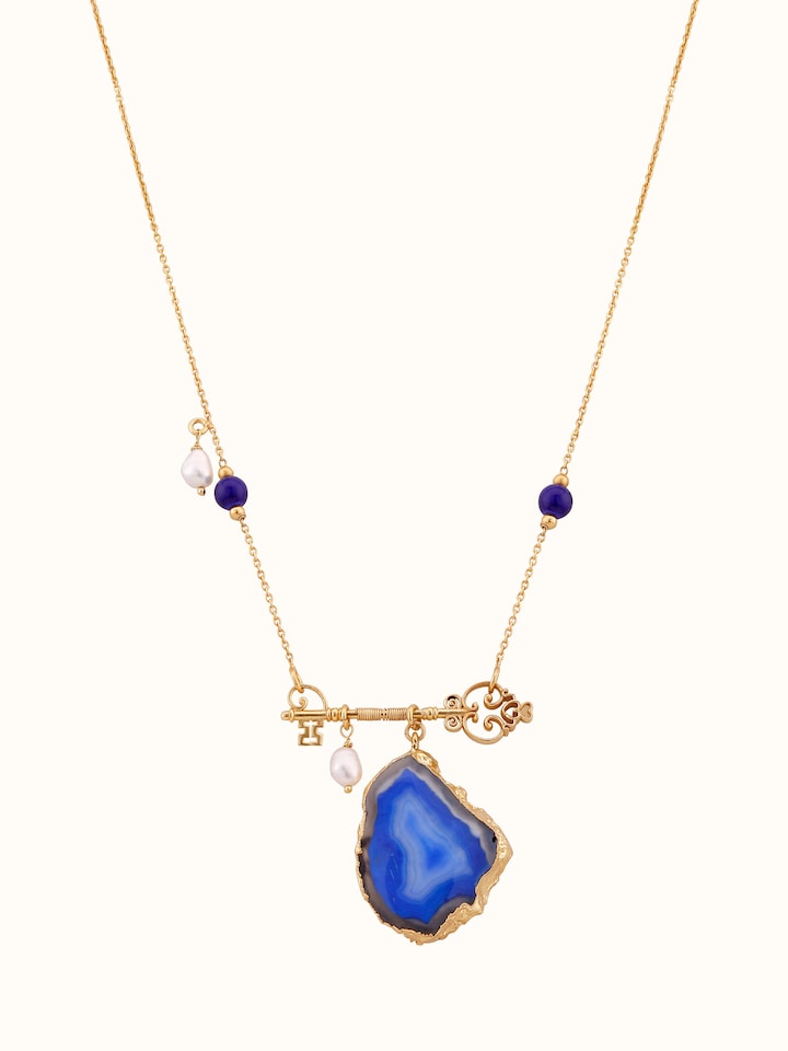Front view of Agate Long Necklace highlighting vibrant agate stones and elegant design.