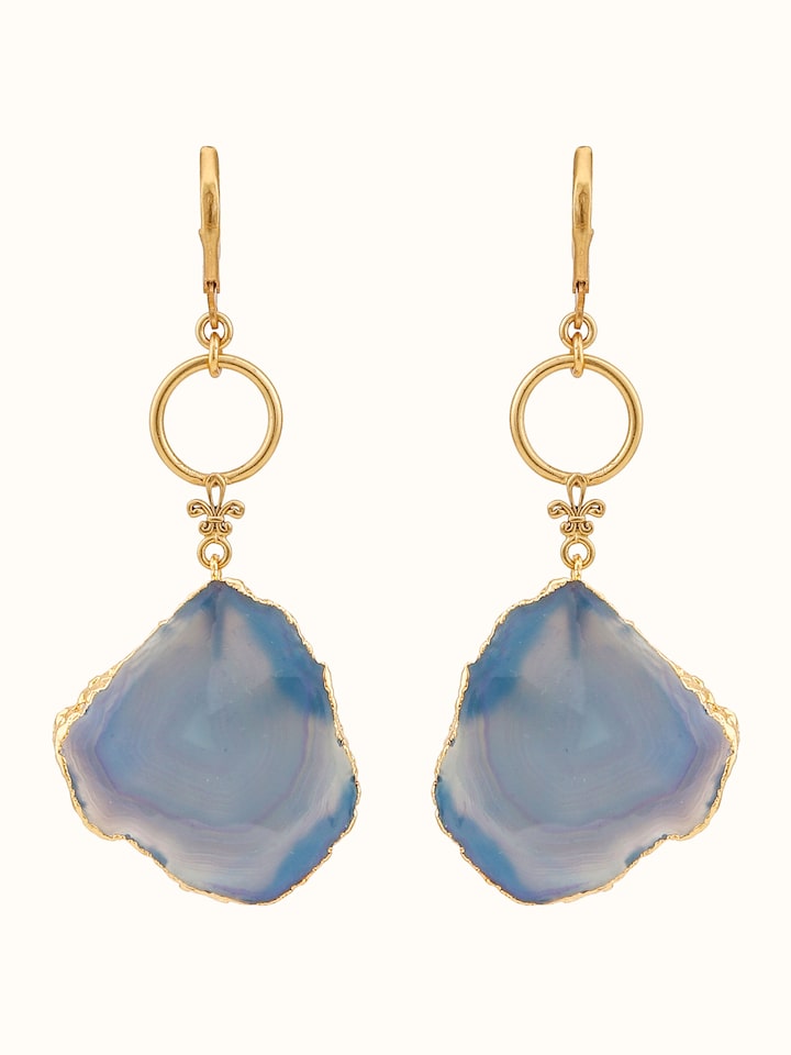 Front view of agate drop earrings showcasing unique stone design and color