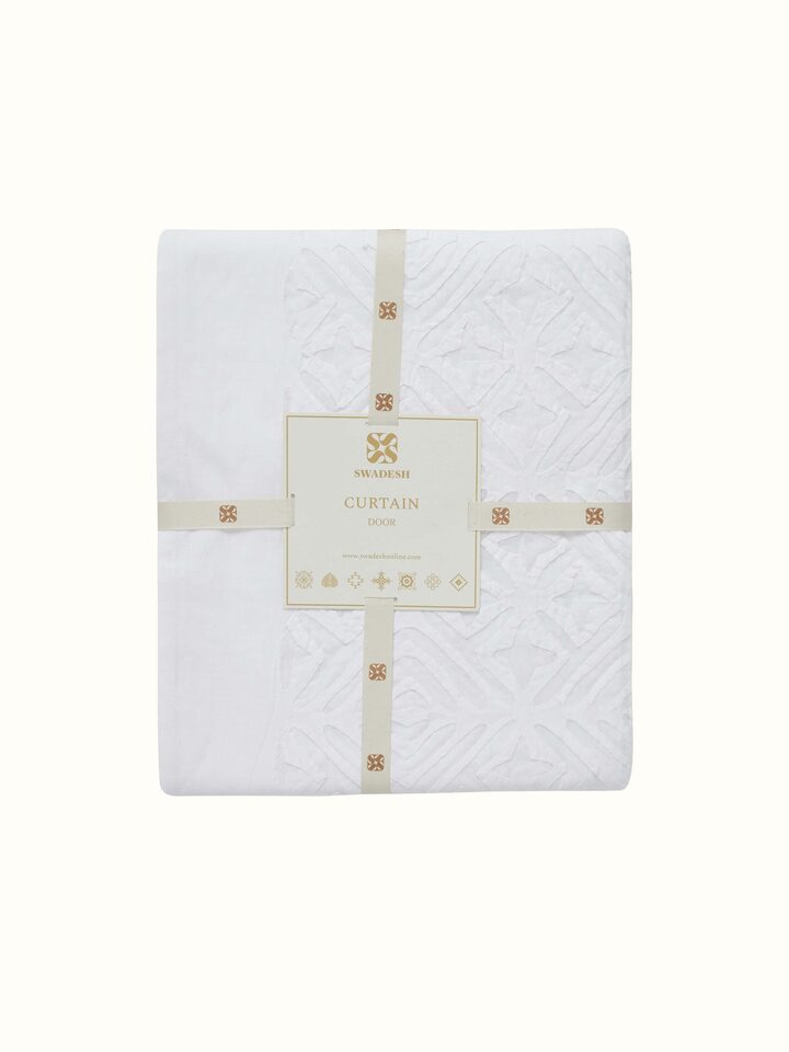 Full view of Mandana white trellis allover cotton applique sheer curtain hanging to display its design and length