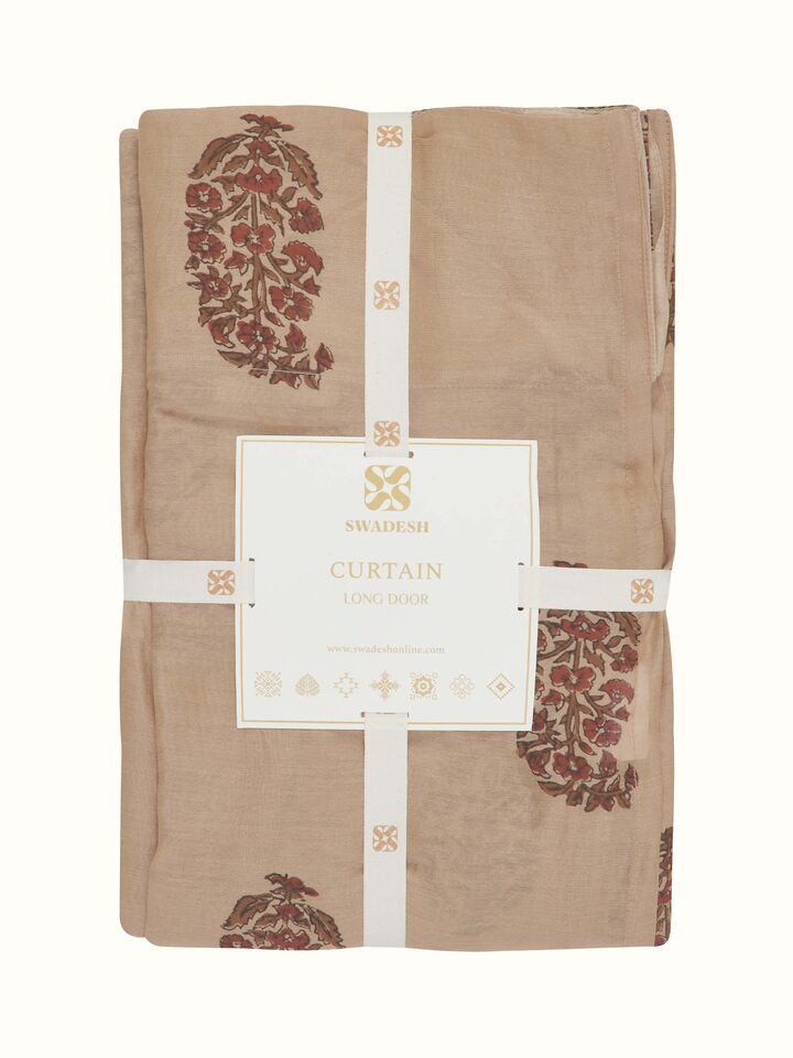 Detailed view of Vasudha rust buta silk cotton Bagru hand block print sheer curtain highlighting the block print and sheer quality.