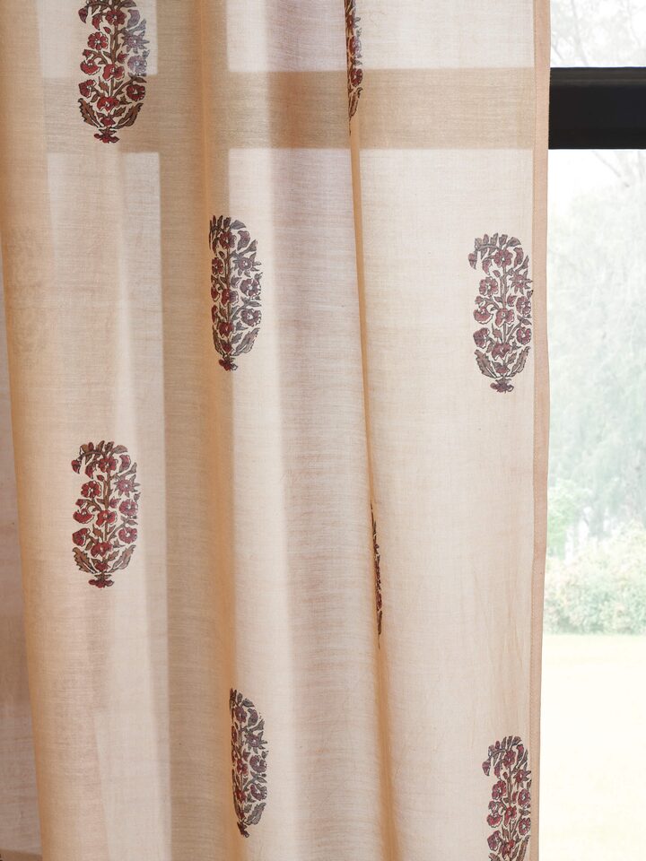 Full-length view of Vasudha rust buta silk cotton Bagru hand block print sheer curtain showing its length and block print design.