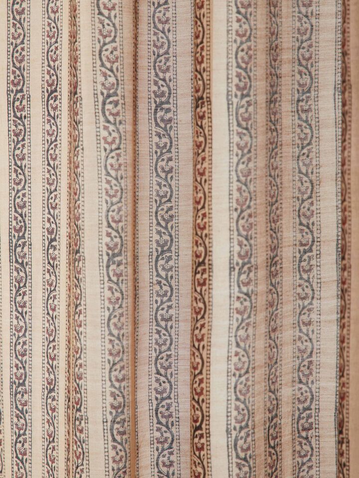 Vasudha rust floral stripe cotton silk Bagru hand block print sheer curtain (7 ft), displayed in a room setting