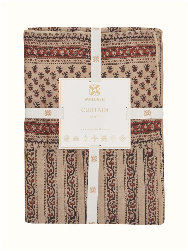 Detailed view of Vasudha rust floral stripe cotton silk Bagru hand block print sheer curtain (7 ft), focusing on the fabric texture
