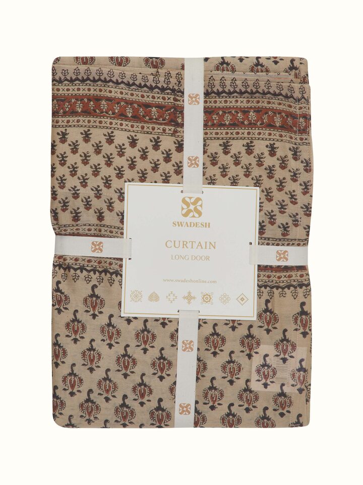 Detailed view of Vasudha Rust Buti Silk Cotton Bagru Hand Block Print Sheer Curtain (9 ft), highlighting the sheer texture and print.