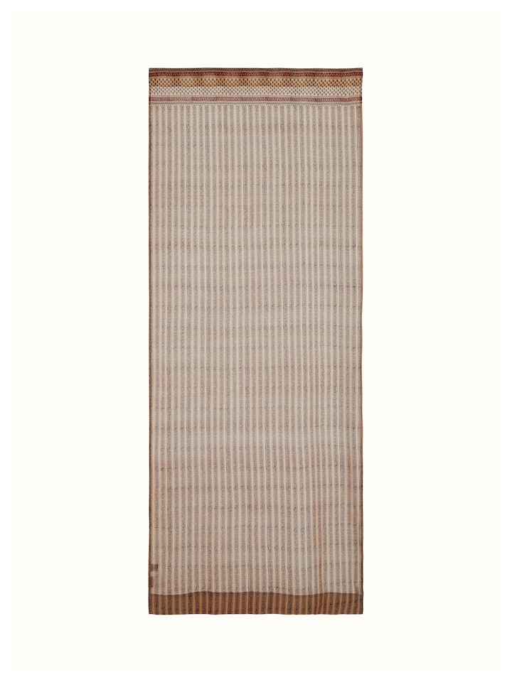 Full view of Vasudha rust stripe buta silk cotton Bagru hand block print sheer curtain (9 ft), featuring a rust stripe design and hand block print.