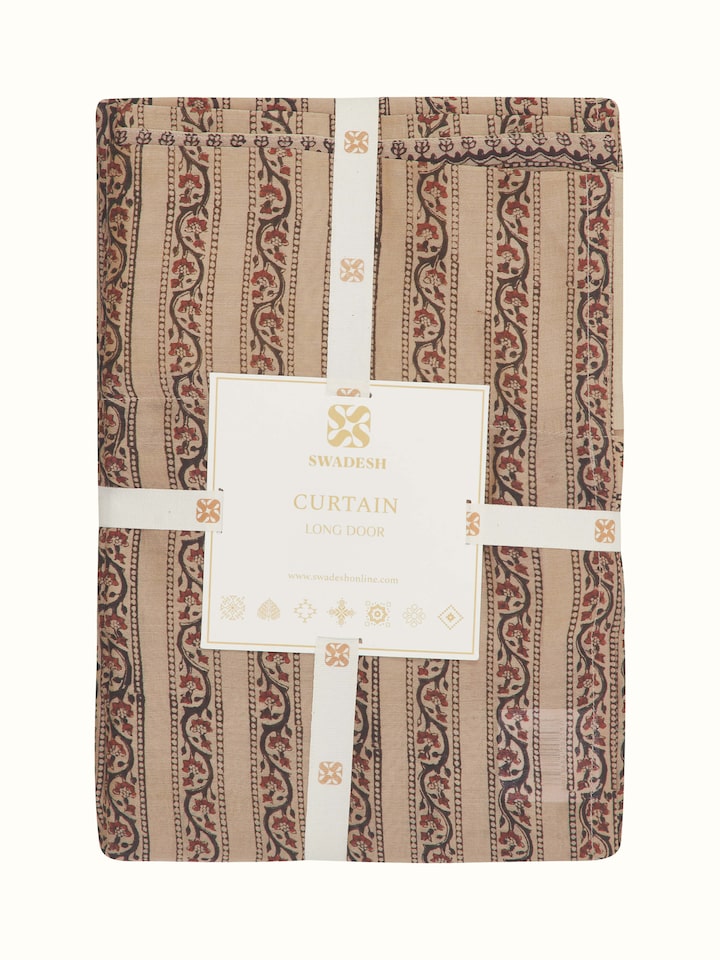 Close-up of Vasudha rust stripe buta silk cotton Bagru hand block print sheer curtain (9 ft), focusing on the silk cotton blend and hand block print details.