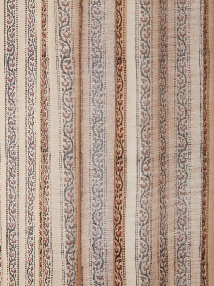 Detailed view of Vasudha rust stripe buta silk cotton Bagru hand block print sheer curtain (9 ft), showing the elegant stripe and block print design.