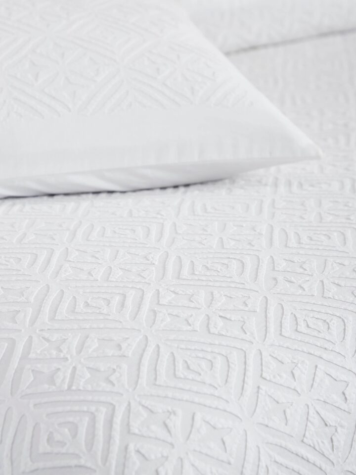 Close-up of Jharokha White Trellis Cotton Appliqué King Bedspread Set focusing on the texture and design of the appliqué.