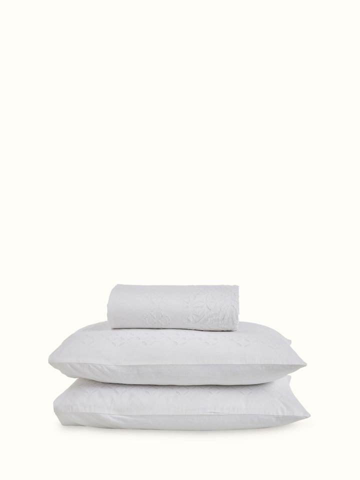 Full view of Mandala White Medallion Cotton Appliqué King Bedspread Set (3 pcs) featuring a white bedspread with elegant medallion appliqué design.