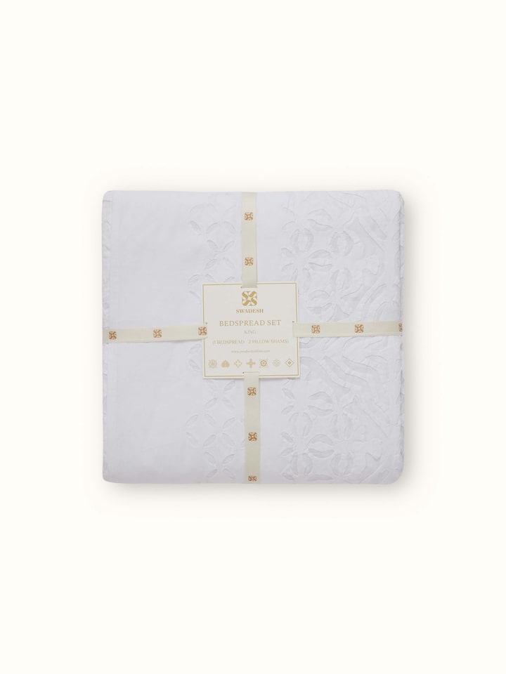 Angled view of Mandala White Medallion Cotton Appliqué King Bedspread Set (3 pcs) displaying the elegant appliqué work and bedspread set arrangement.