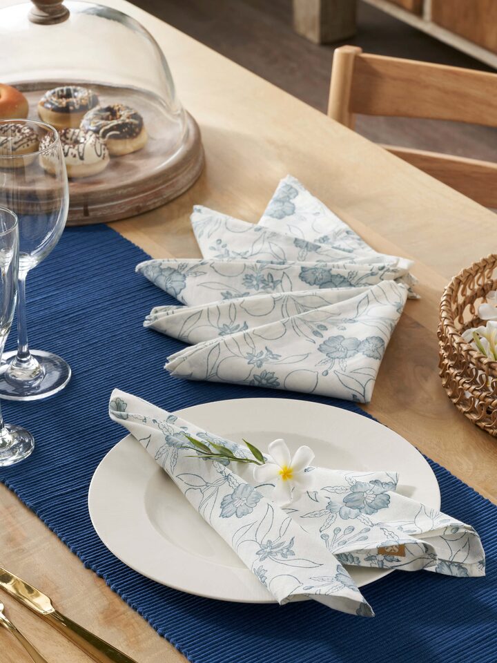 Anika Light Blue Floral Cotton Linen Sanganeri Hand Block Printed Dinner Napkin styled in a table setting