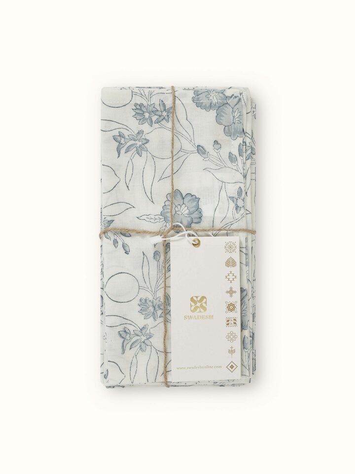 Anika Light Blue Floral Cotton Linen Sanganeri Hand Block Printed Dinner Napkin rolled and tied with a tag