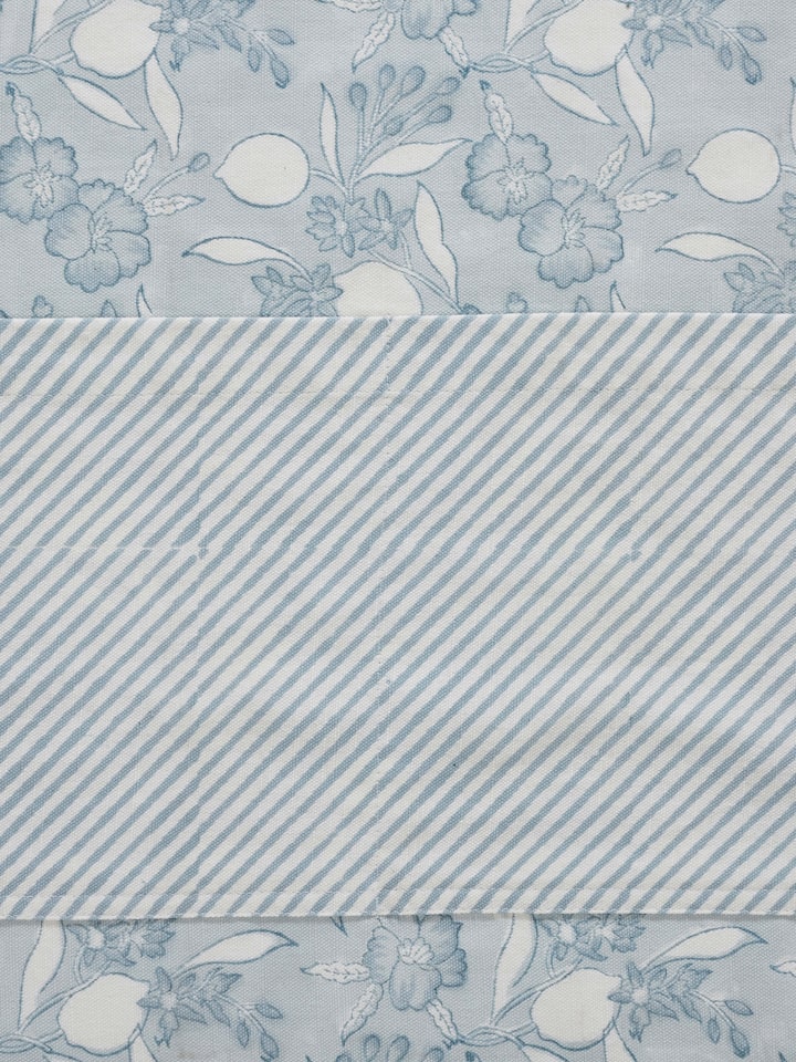 Detailed view of Anika light blue floral cotton Sanganeri block printed apron focusing on the floral pattern and cotton fabric quality.