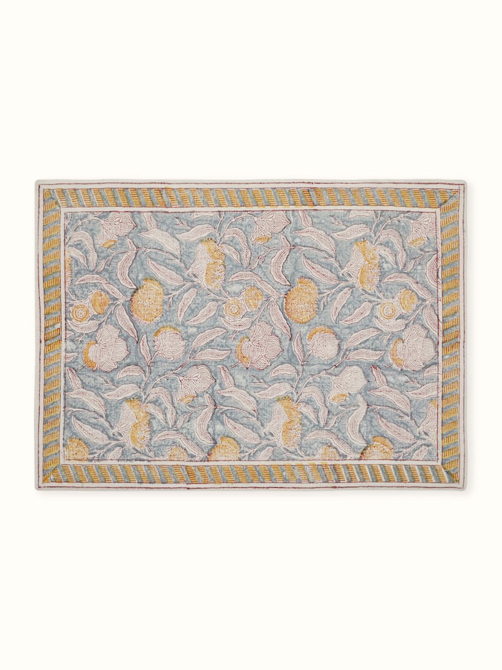 Front view of Samaha Grey Floral Cotton Sanganeri Hand Block Printed Table Mats (6 Pcs) showing the full piece and pattern