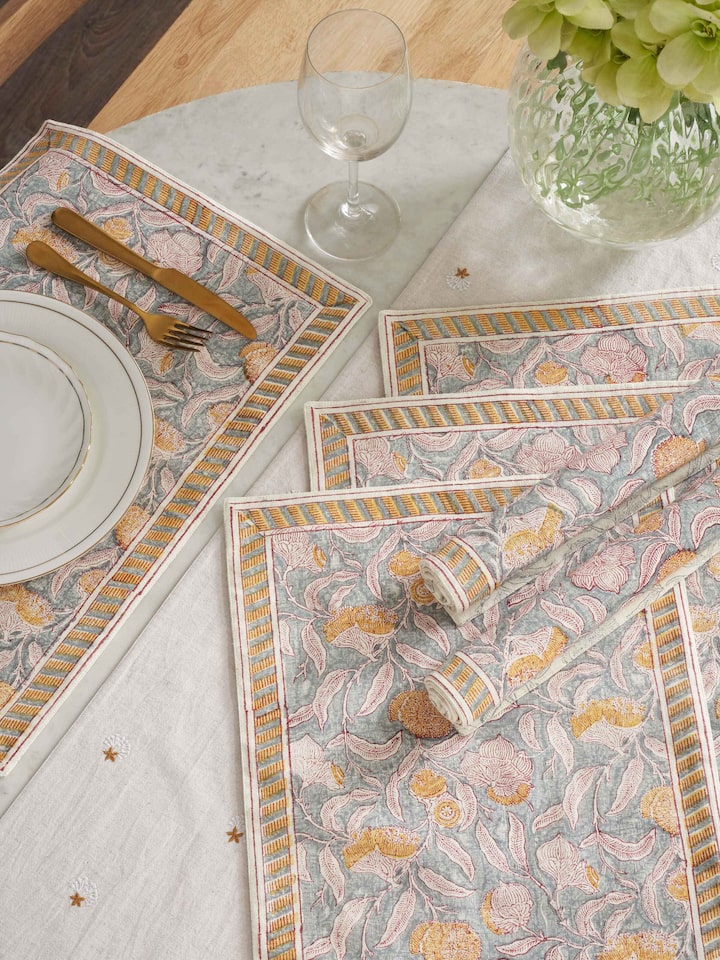 Styled view of Samaha Grey Floral Cotton Sanganeri Hand Block Printed Table Mats (6 Pcs) styled on a table or bed setting