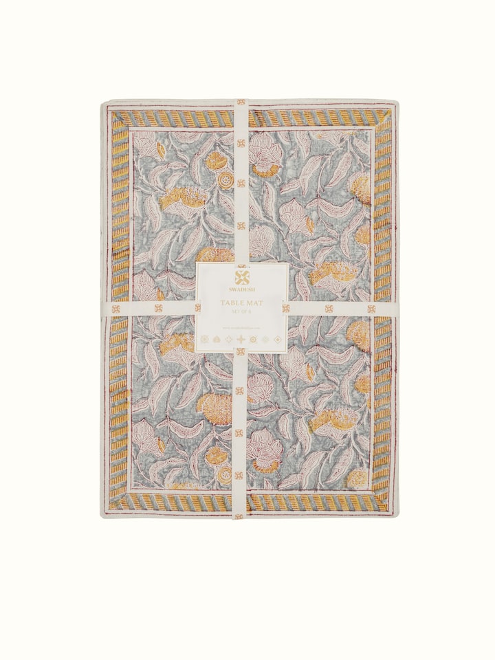 Detail view of Samaha Grey Floral Cotton Sanganeri Hand Block Printed Table Mats (6 Pcs) highlighting the fabric texture and embroidery detail