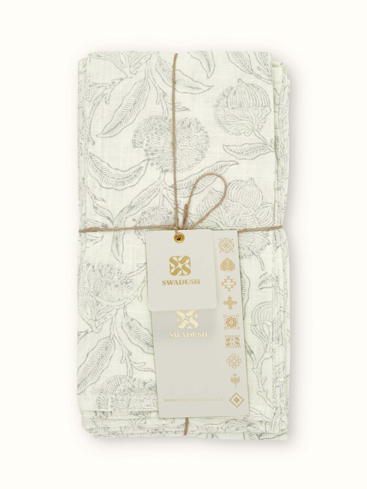 Full set of Samaha Allover Grey Floral Cotton Sanganeri Block Printed Dinner Napkins (6 pcs), emphasizing the coordinated design.