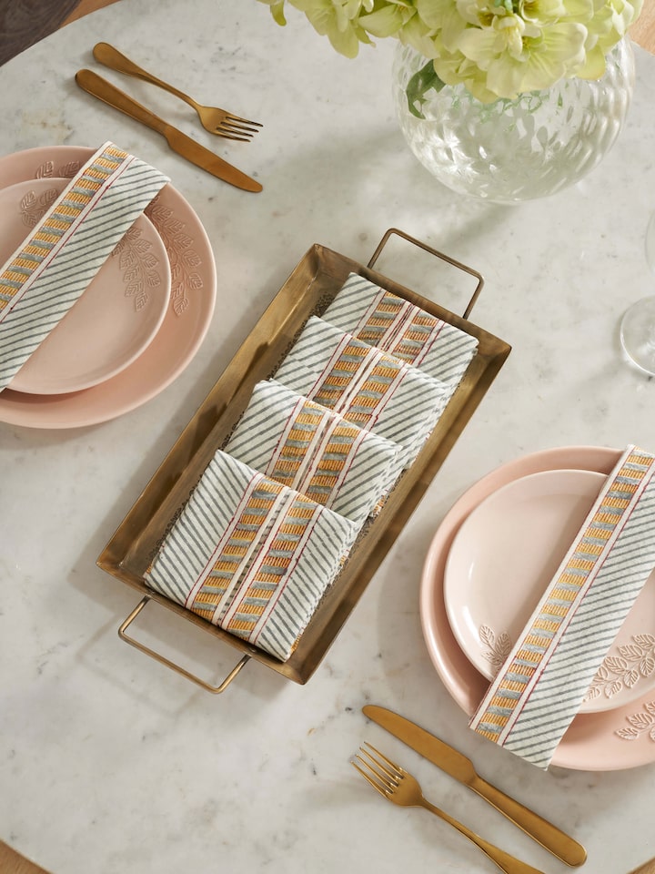 Full view of Samaha twill grey stripe cotton Sanganeri block printed dinner napkins displaying the overall design and grey stripes.