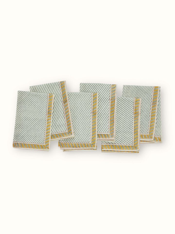 Detailed view of Samaha twill grey stripe cotton Sanganeri block printed dinner napkins, showcasing the grey stripe pattern.