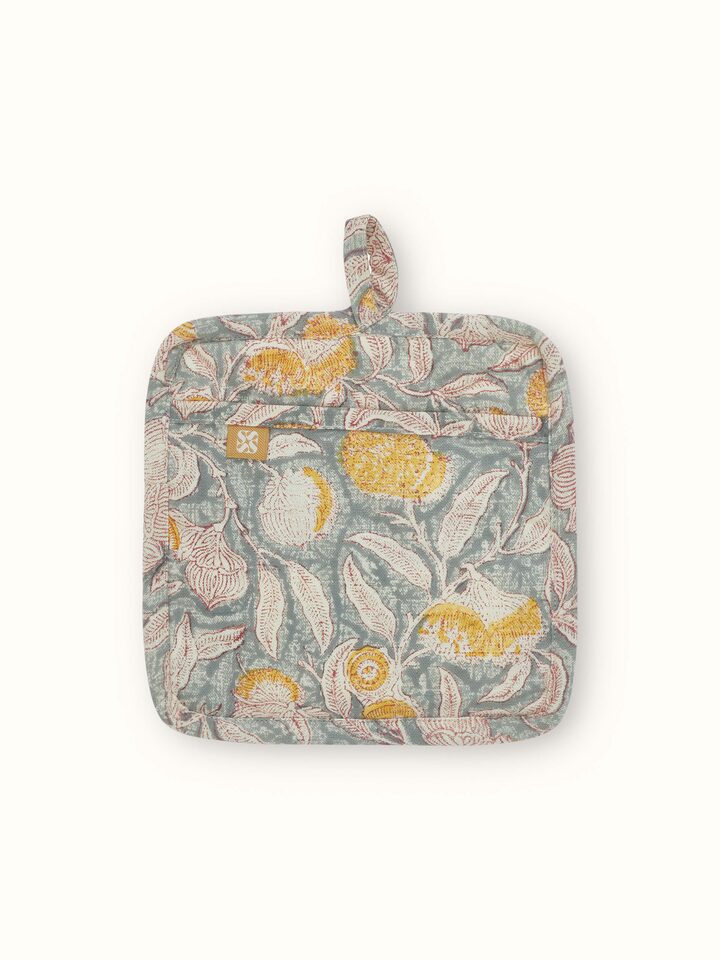Detailed close-up of Samaha grey floral cotton Sanganeri block printed pot holder showing the floral pattern and block print detail.