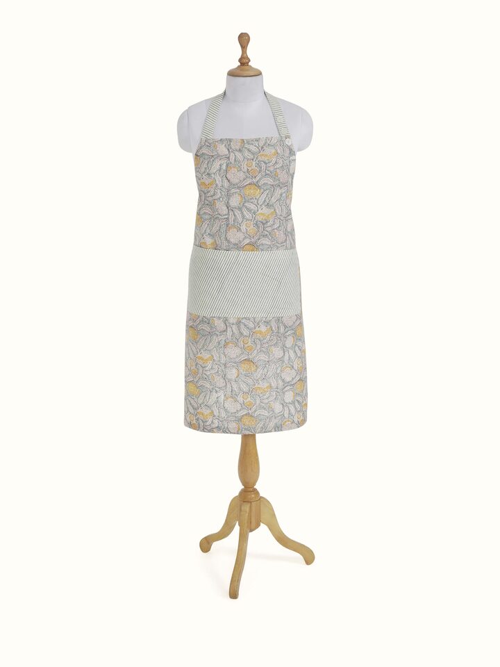 Front view of grey floral cotton Sanganeri block printed apron showcasing the floral block print and fabric texture.