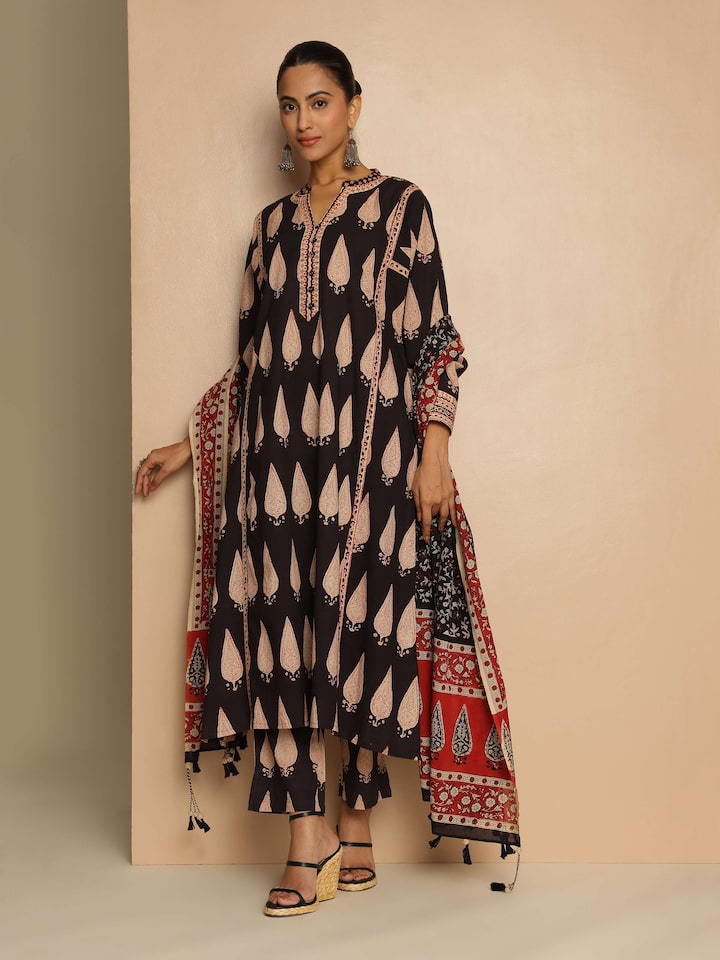 Black Bagru Block Printed Kurta with Side Pocket