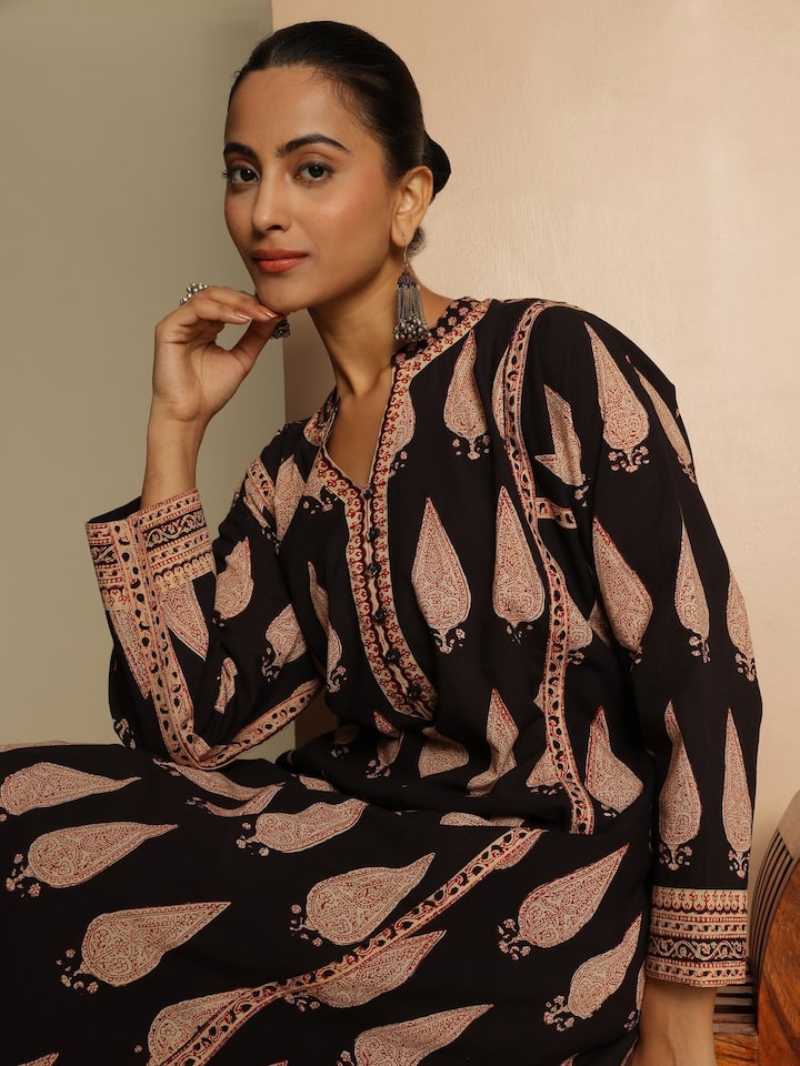 Black Bagru Block Printed Kurta with Side Pocket
