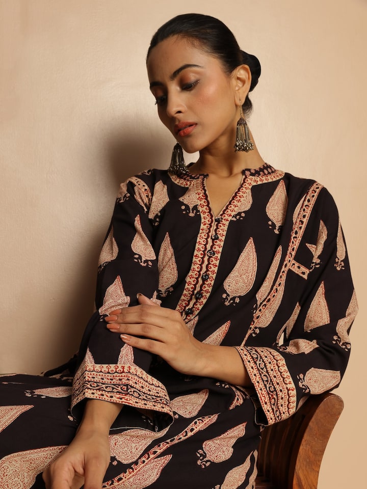 Black Bagru Block Printed Kurta with Side Pocket