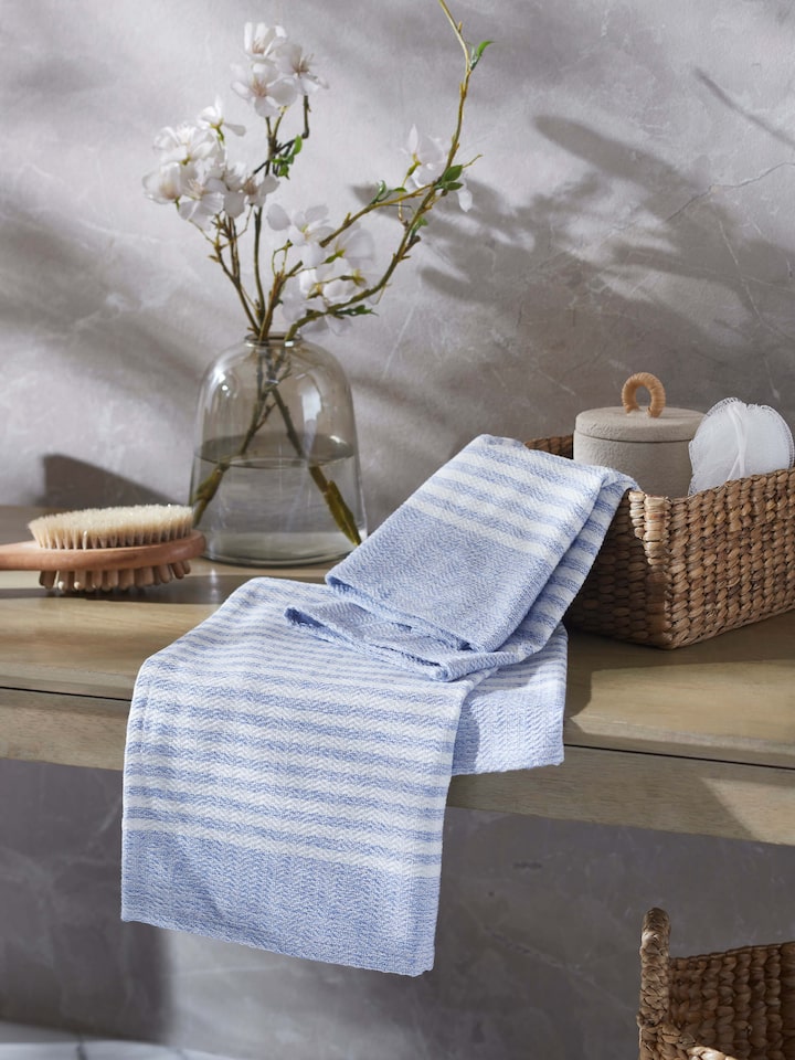 Close-up of Vayana stripe blue cotton hand towels, highlighting the stripe design and soft cotton fabric.
