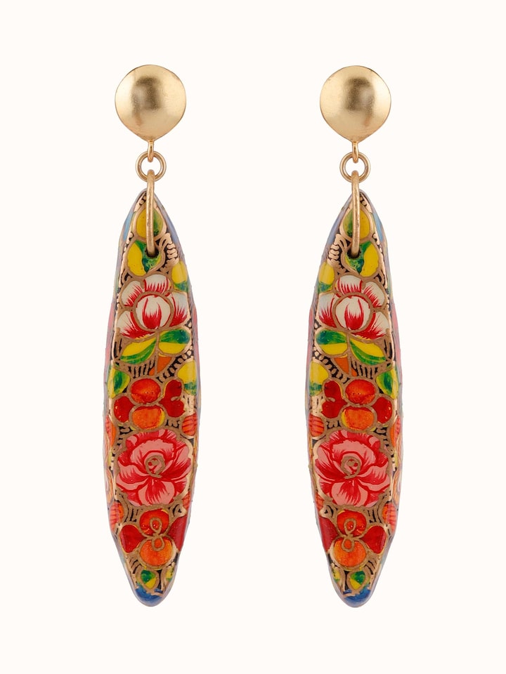 Front view of Papier-mâché Drop Earrings showcasing vibrant colors and detailed craftsmanship.
