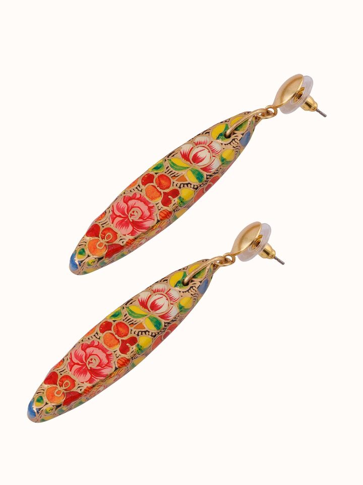 Angled view of Papier-mâché Drop Earrings showcasing the elegant drop and vibrant design.
