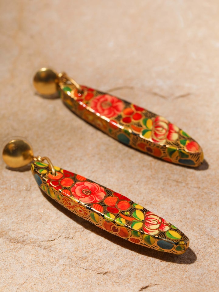 Detailed view of Papier-mâché Drop Earrings from a distance, highlighting the full design and craftsmanship.