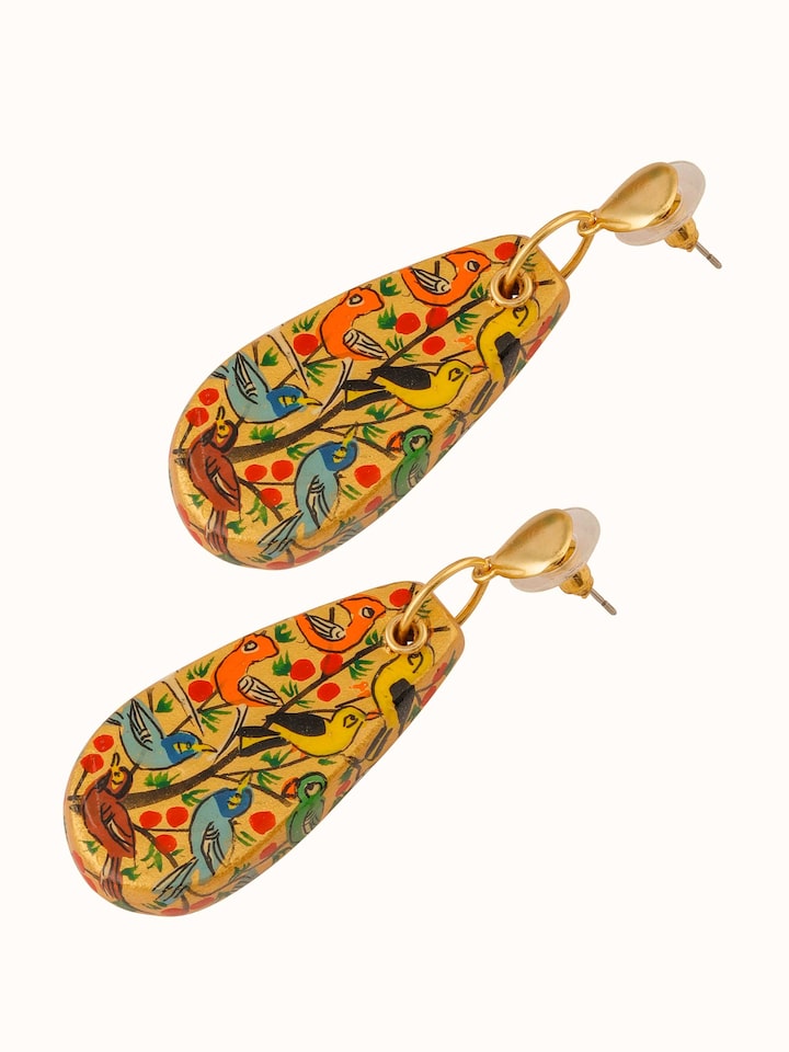 Angled view of Papier-mâché Drop Earrings showcasing intricate design.