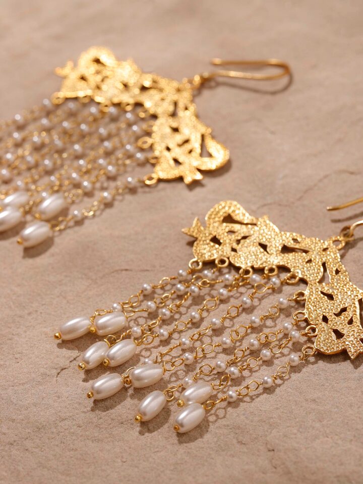 Detailed view of Silver Smithing Drop Earrings highlighting the intricate silverwork and refined finish.