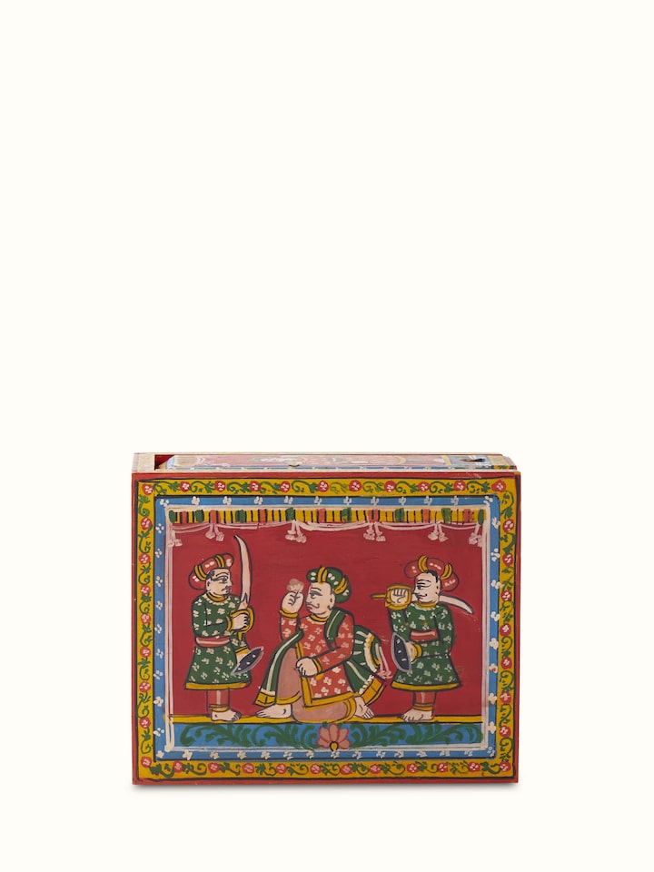 Packaged view of Ganjifa paper cards in red color (54 pcs) with visible design patterns