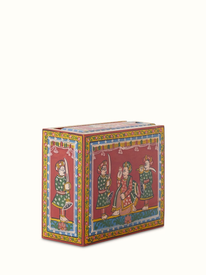 Side view of Ganjifa paper cards in red color (54 pcs) showing card thickness and details