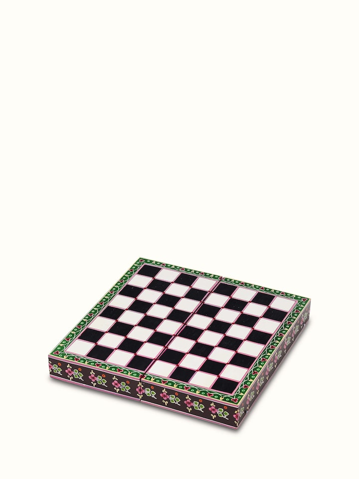 Top view of Ganjifa Cedar Wood Chess Set showcasing the detailed woodwork and chessboard layout.