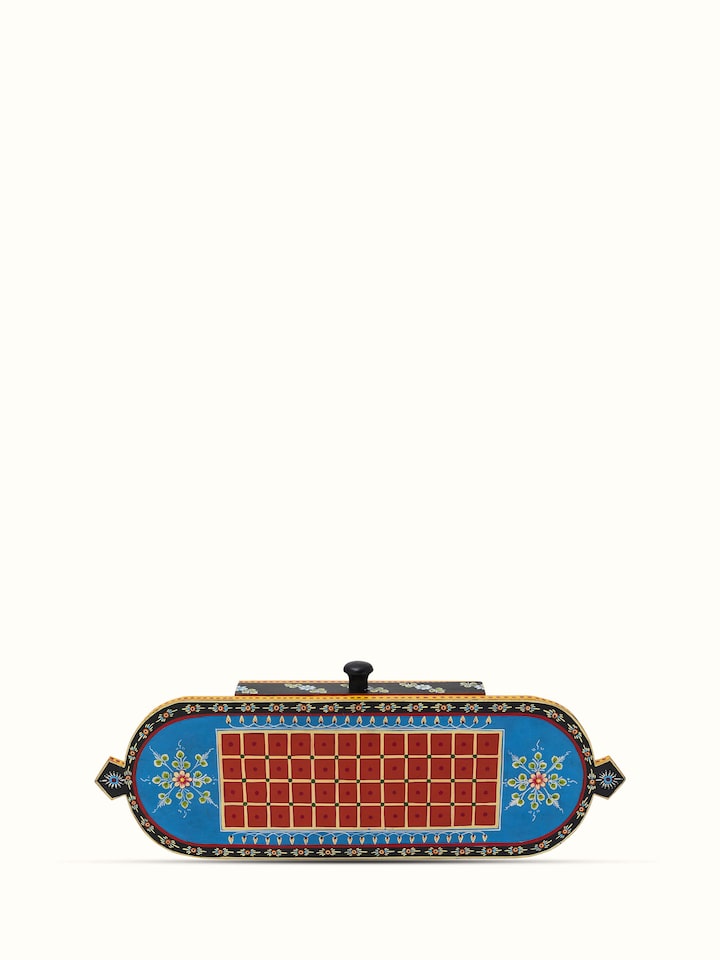 Front view of Ganjifa Cedar Wood 5-in-1 Board Game Blue with detailed craftsmanship